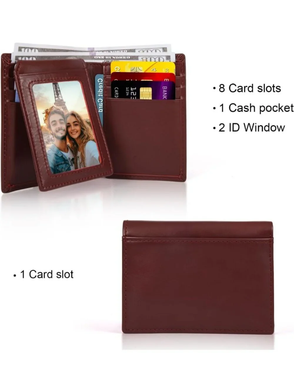 RFID Blocking Genuine Leather Bifold Wallet for Men with 2 ID Windows - Red